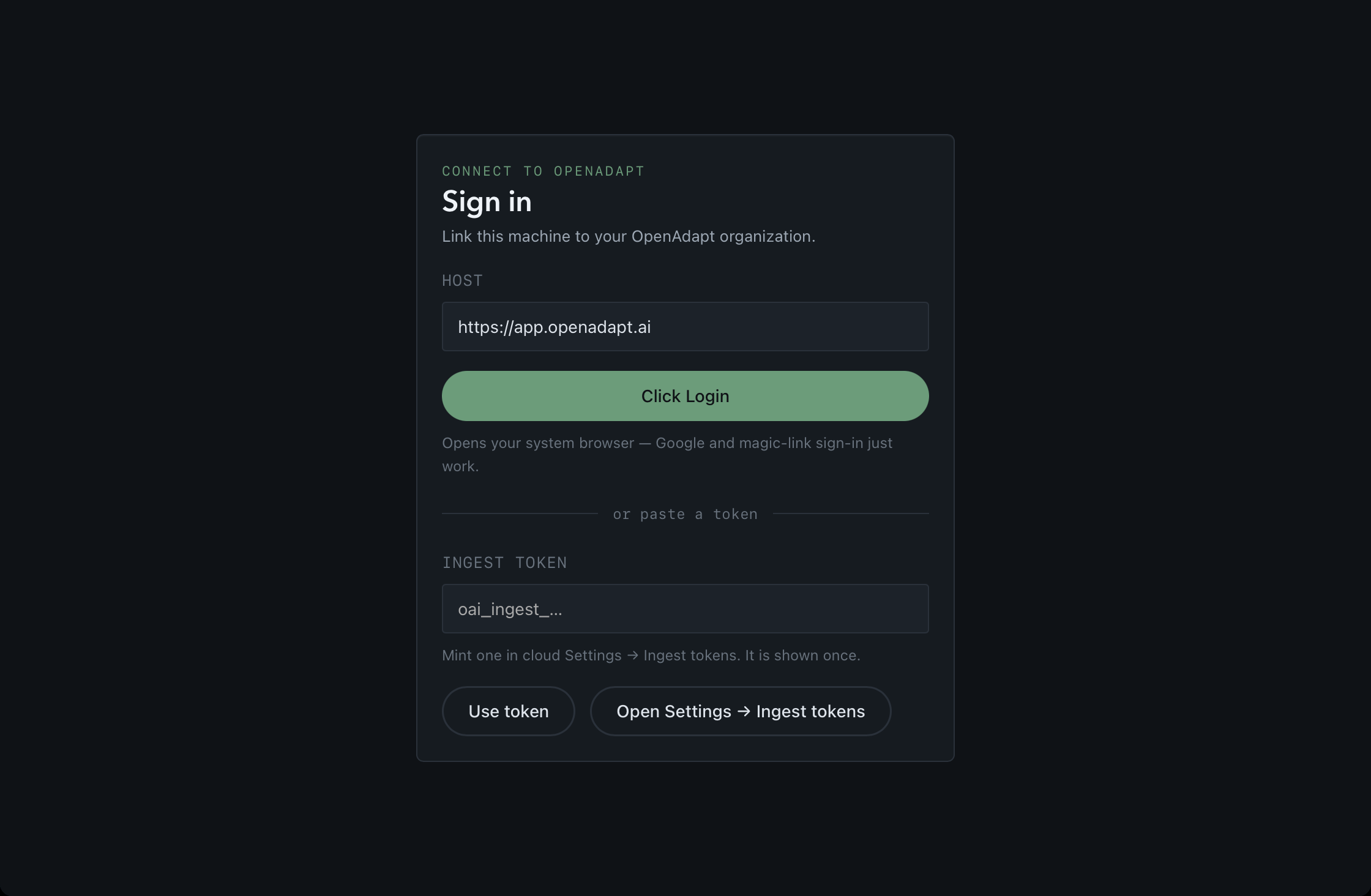 OpenAdapt Desktop connect screen from the real launched app: a Sign in card with a host field, a browser sign-in button, and an ingest-token paste option.