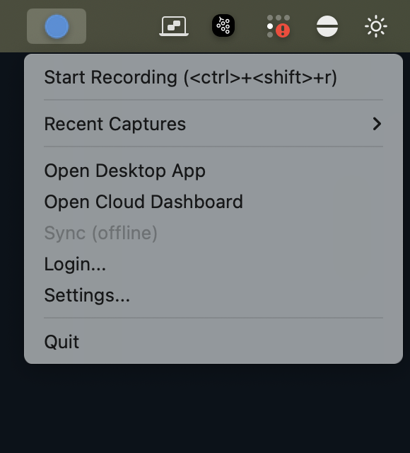 The openadapt-tray menu open in the macOS menu bar with items for Start Recording, Recent Captures, Open Desktop App, Open Cloud Dashboard, Sync (offline), Login, Settings, and Quit.